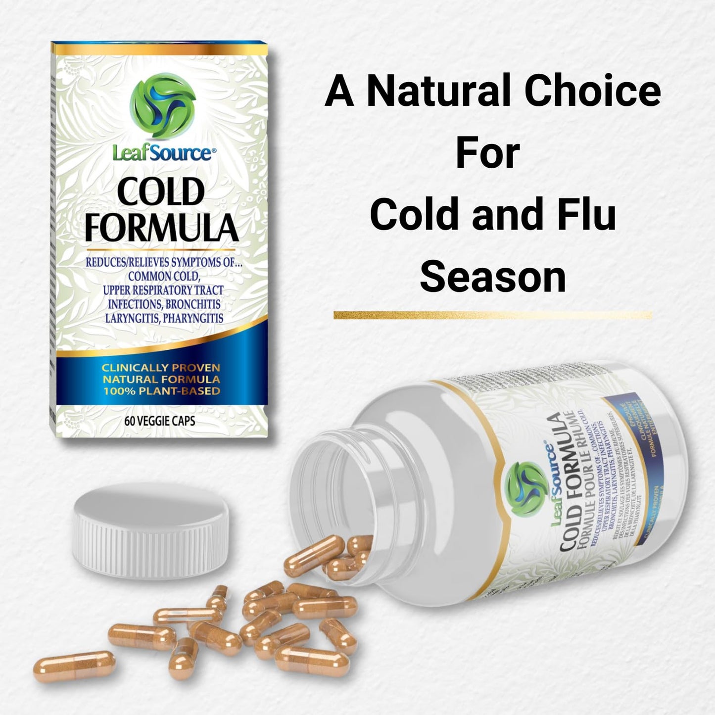 
                  
                    Leafsource Cold Formula Capsules, Naturally Reduces Duration & Relieve Cold Symptoms, Flu, Upper Respiratory Tract Infections, Bronchitis, Sore Throat and Laryngitis Plant-Based Ingredient, Vegan, Immune Modulator, NPN 80114231 (60 Counts) - LeafSource® Canada
                  
                